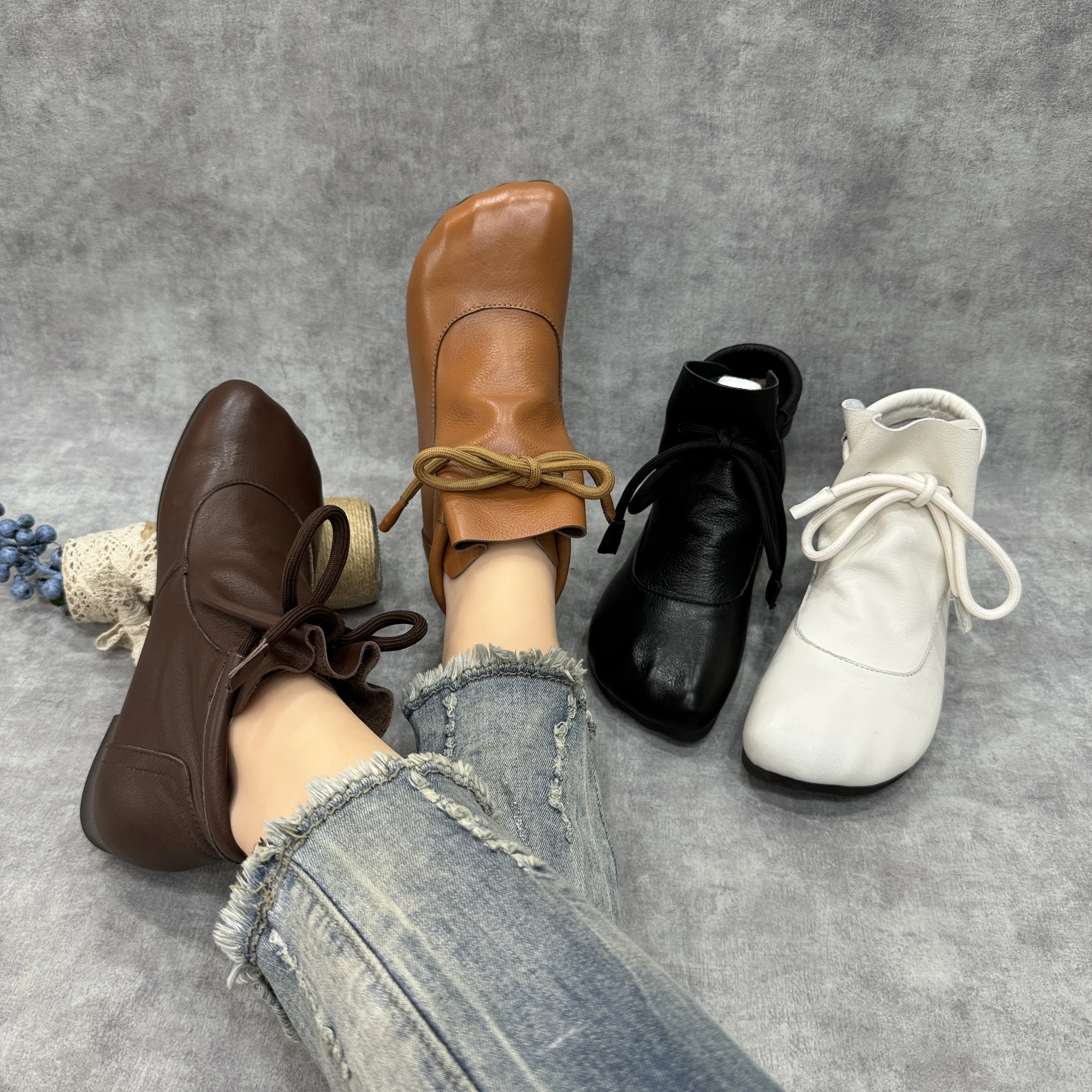 

Birkuir Retro Lace Up Women Ankle Boots Sewn Short Boots Flat Heel Shoes Luxury 2025 Genuine Leather Handmade Casual Shoes