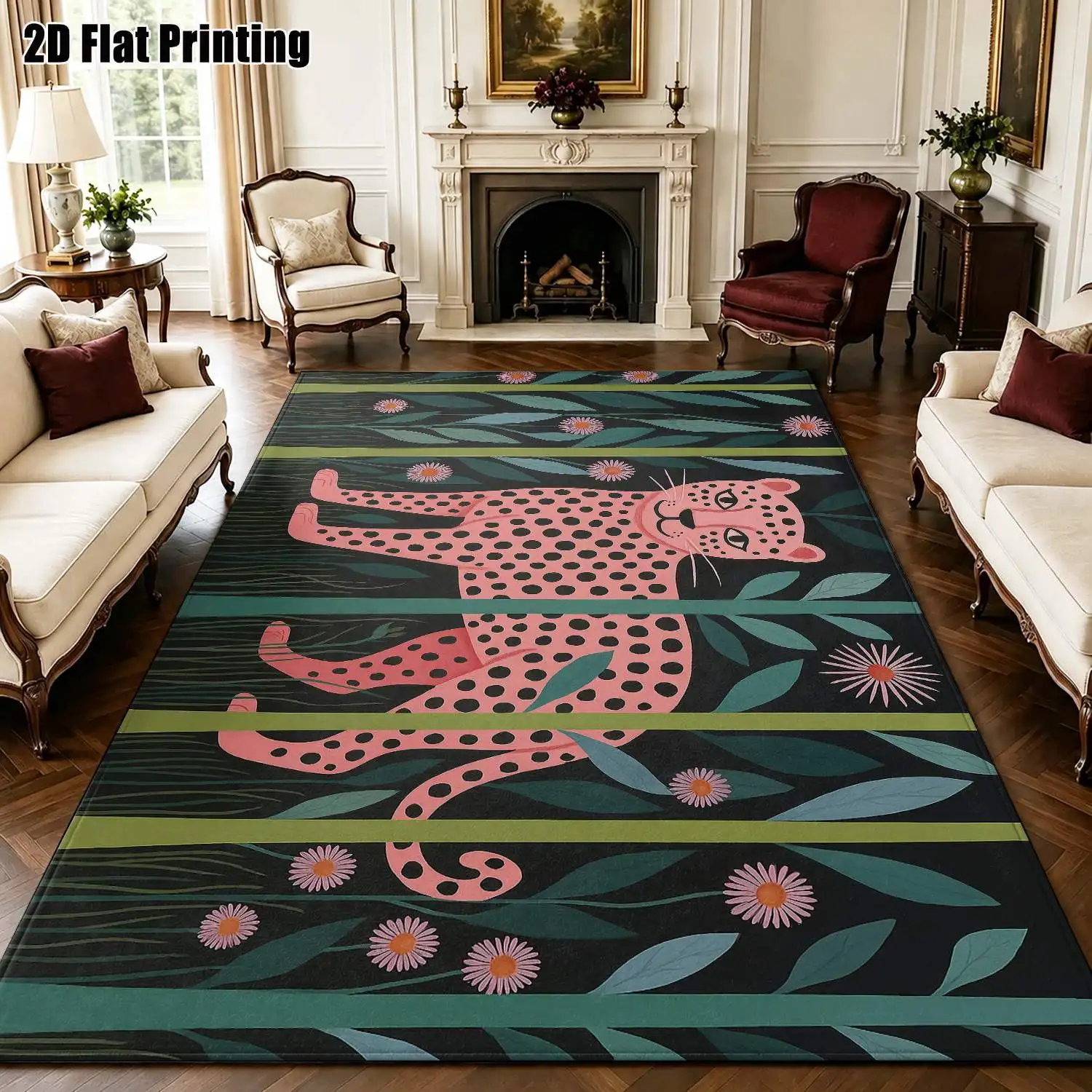 1Pc 2D Printed Pink Leopard Flower Nordic Carpet, Instagram-Inspired Modern Minimalist Geometric Striped Floor Mat, Machine-Washable Multi-Size Home Decor Mat for Entryway, Dining Room, Foyer, Bedroom, Living Room