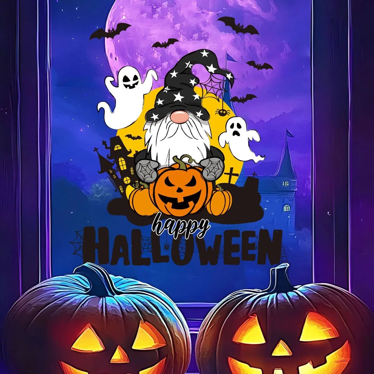 Halloween Window Clings Cartoon Gnome with Star Hat Pumpkin Decorations Static Cling Stickers Waterproof Glass Decals