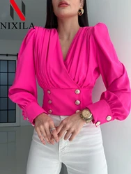 New in Spring Summer Elegant Shirts & Blouses V-neck Sexy Long Sleeves Tops Fashion Short Body Oversize Pretty Female Clothing