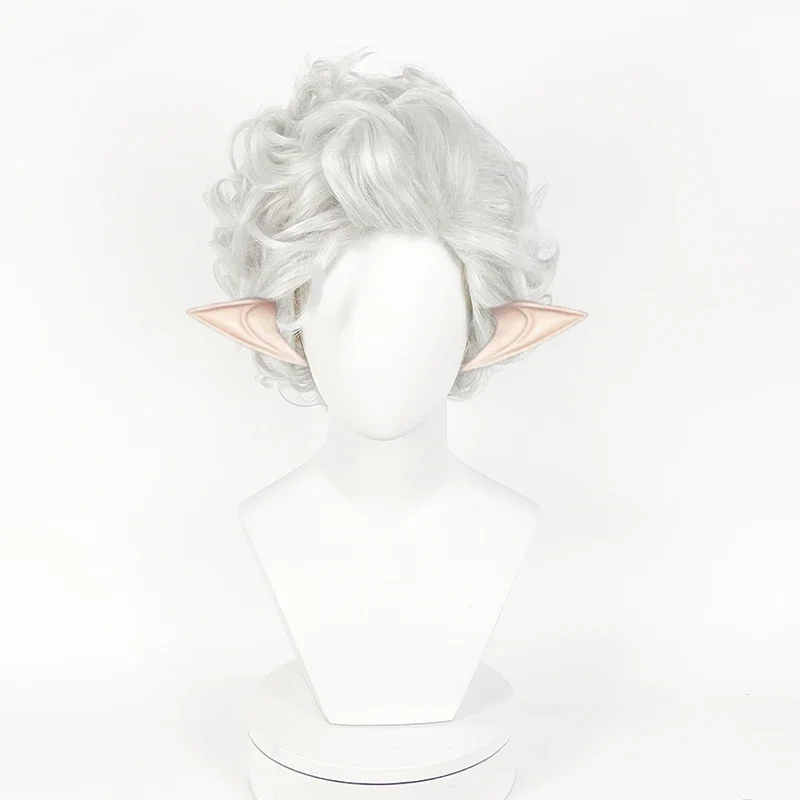 

Game Astarion Cosplay Wig Baldur's Gate3 Vampire Wig Short Silver Grey Curly Heat Resistant Synthetic Hair Wigs or Ears