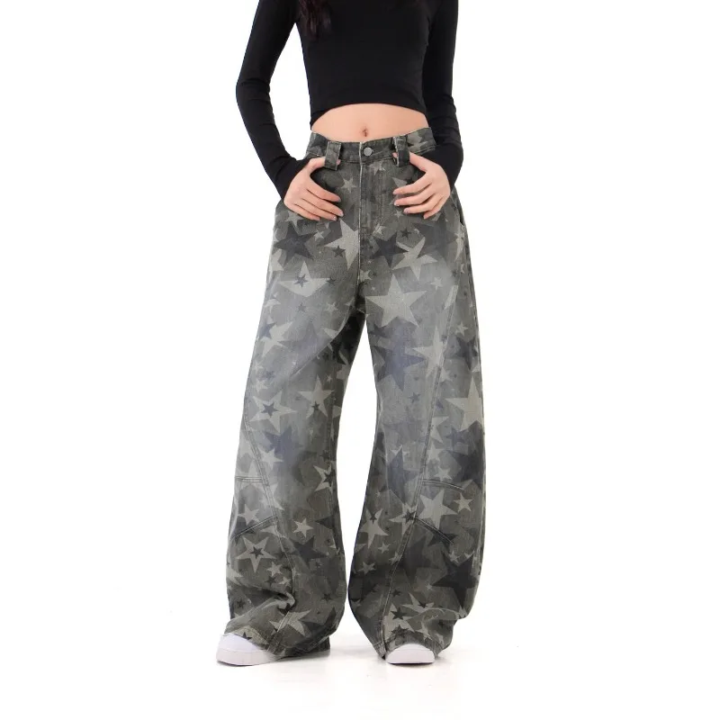 Luipaardprintbroek Dames Herfst Nieuwe High Street Design Losse dunne rechte wijde broek Retro grote zak Scimitar Jeans