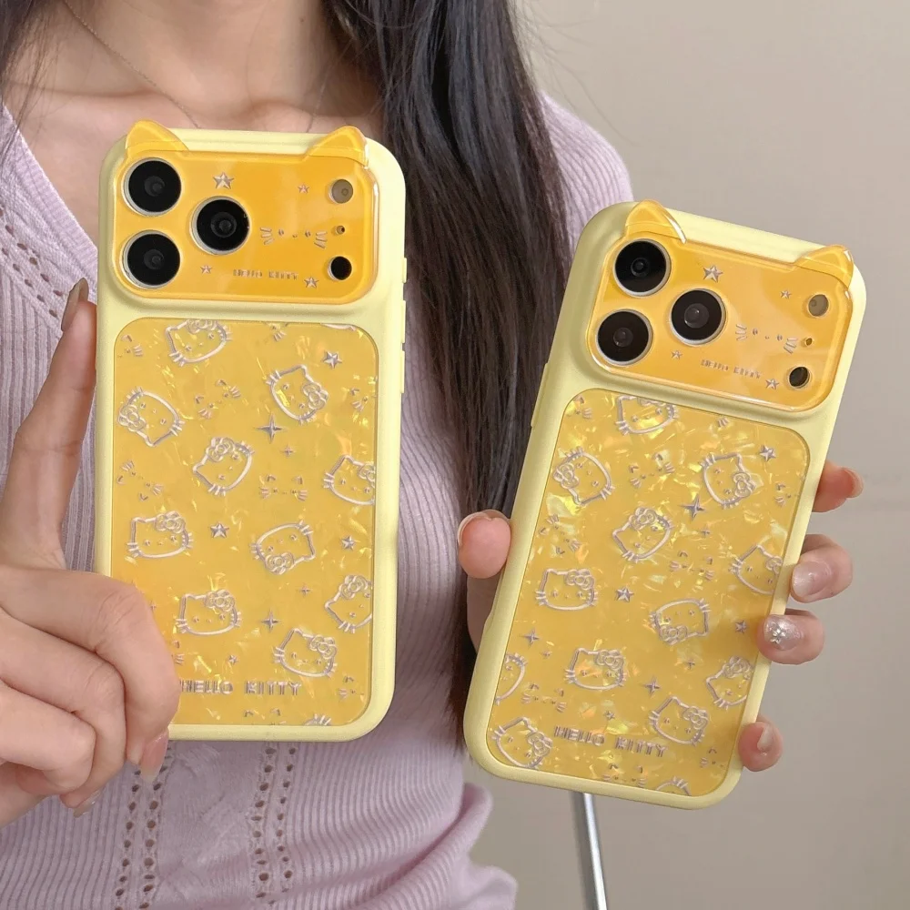 Korean Lemon Yellow Full Screen Cute Cartoon Sanrio KT Shockproof Phone Case For iphone 15 16 17 Pro Max Lens Protective Cover