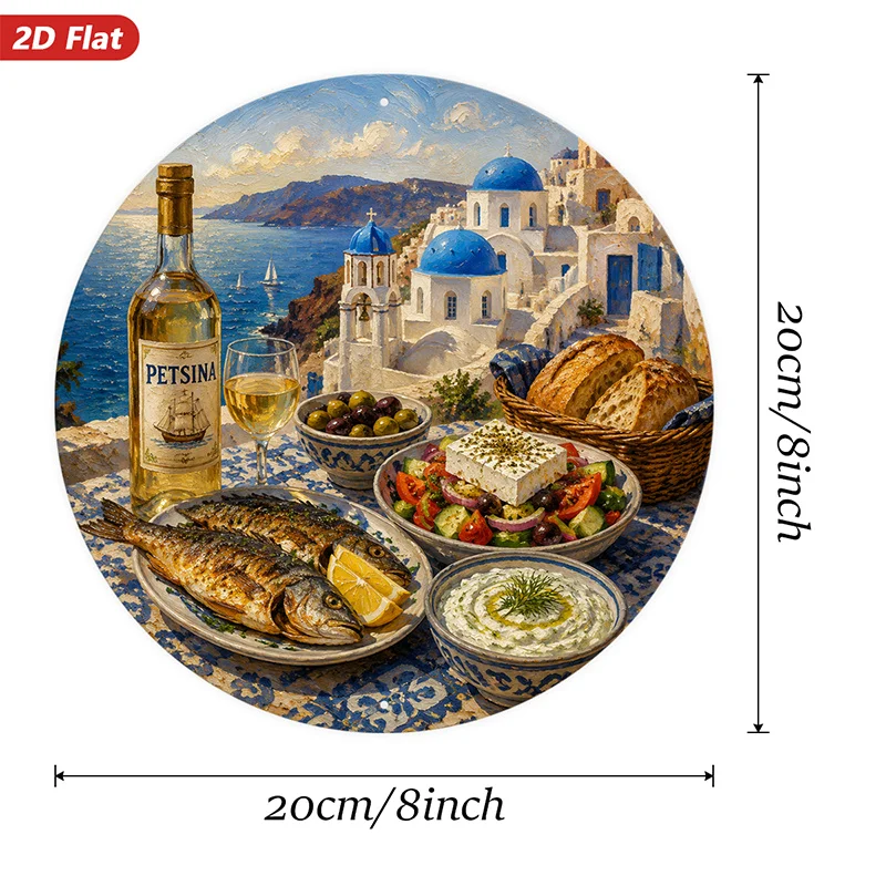 2D Flat, Greek Island Feast Round Metal Sign Wall Art, Perfect for Workspace Studio Entryway, Home Decor, White Villages Durable