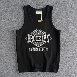 Summer New 230g American Retro Sleeveless O-neck Letter Printed T-shirt Men's 100% Cotton Washed Casual Sports Fitness Vest Tops