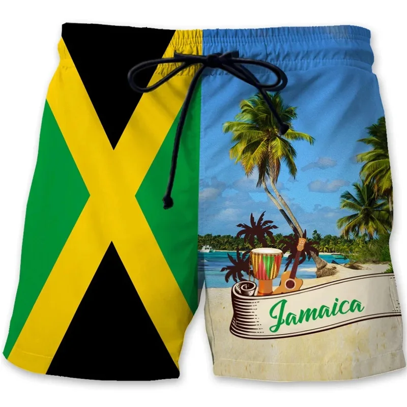 Calções de praia com estampa 3D da bandeira jamaicana masculina, calção de gelo havaiano, gráfico emblema do leão, verão