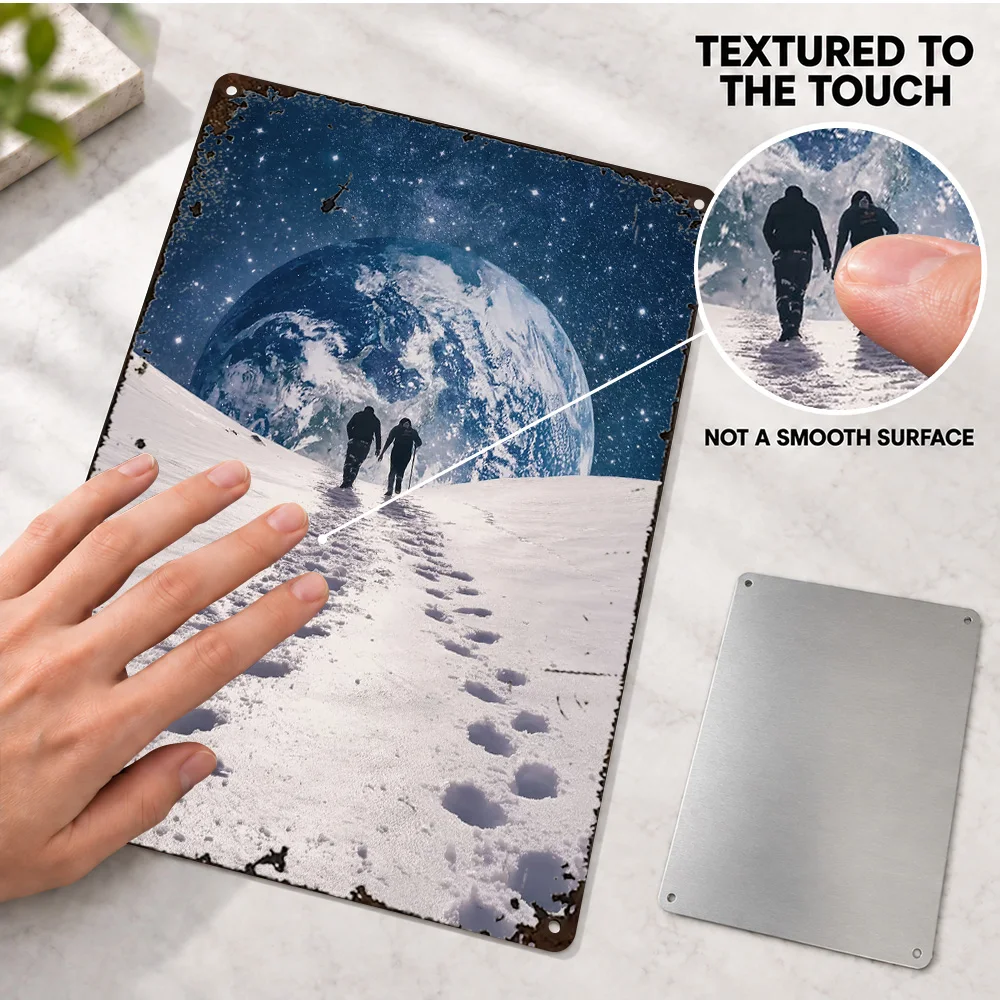 Earth Above Snowy Landscape Aluminum Poster Personalized Metal Sign Surreal Wall Art For Reading Nook Astronomy Enthusiast Gift