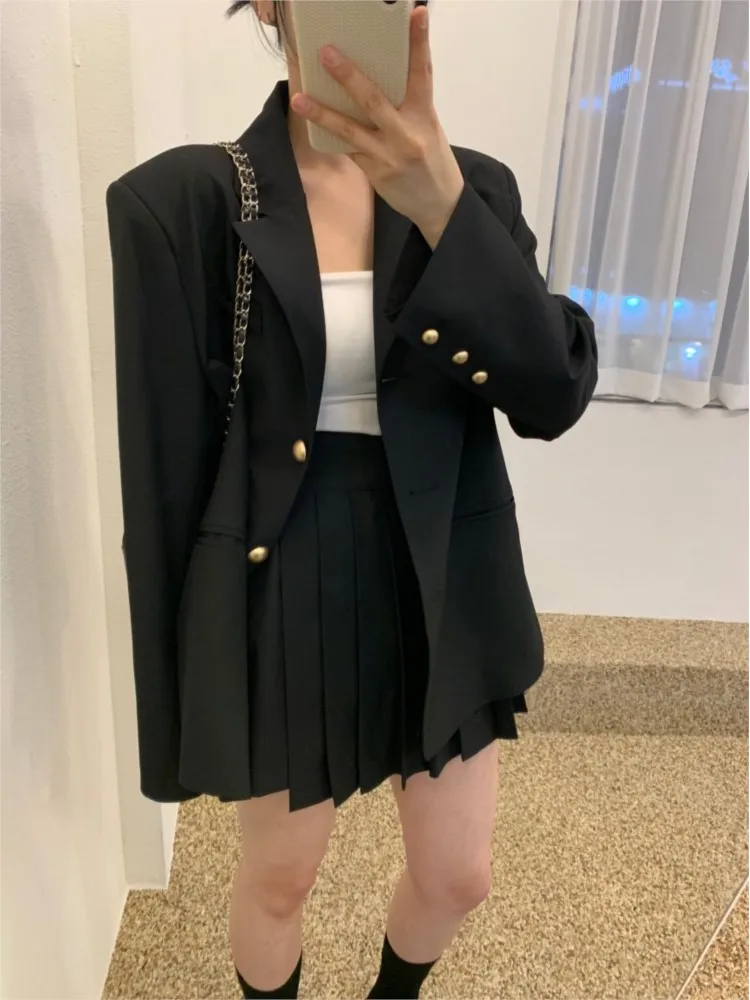 Fashion Korean Women Elegant Casual Skirts Suit Vintage Solid Chic Jacket Coat Pleated Saya Two Pieces Set Female Clothes Outfit