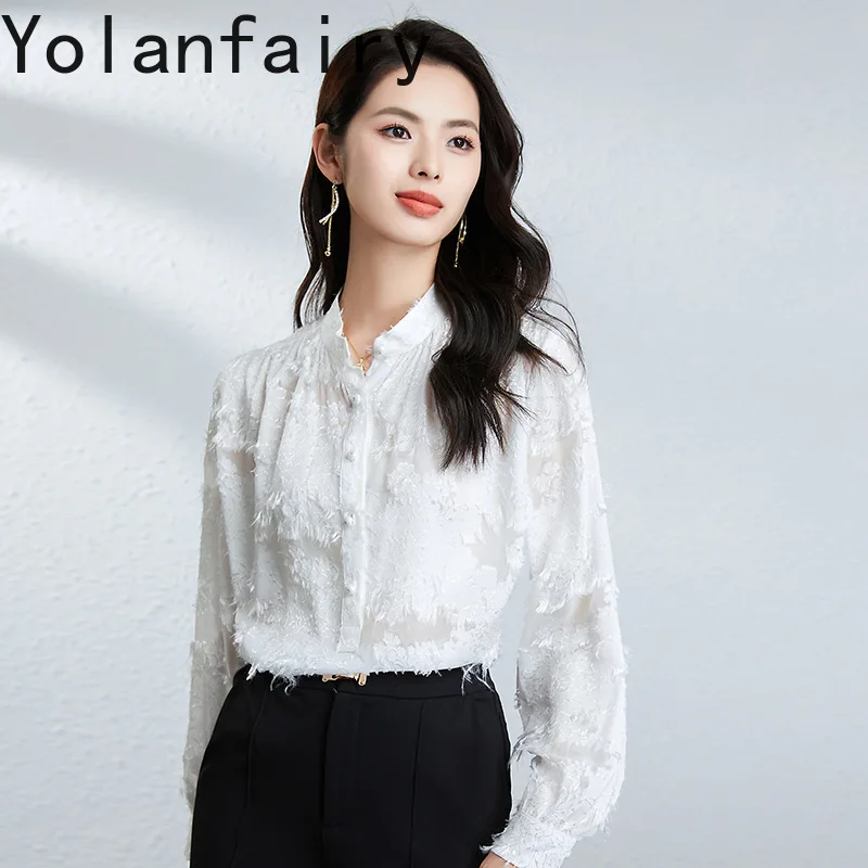YOLANFAIRY 우아한 100% 리얼 멀 베리 실크 블라우스 여성용 루즈 긴 소매 탑 섹시한 시스루 여성용 탑 및 블라우스 상의