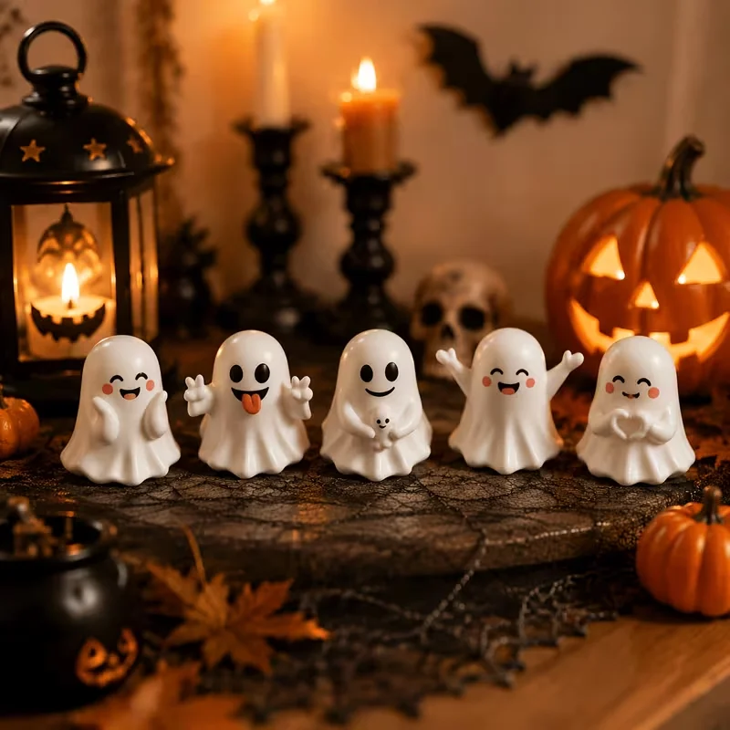 5Pcs Halloween Ghost Mini Figurines Set, Cute Spooky Ghost Decor, Fall Seasonal Home Decoration, Desk Party Tabletop Ornaments