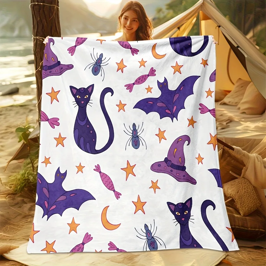 Halloween Cute Black Cat Witch and Bat Warm and Soft Sofa Blanket flannel Napping Blanket Living Room Office Bedroom Cartoon Sof