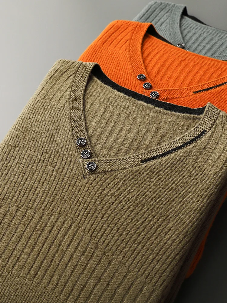 Suéter de lana pura con cuello en V para hombre, Tops sueltos de Jacquard para jóvenes, chaqueta cálida informal con botones, camisa Base de gran tamaño, otoño e invierno, nuevo, 100%
