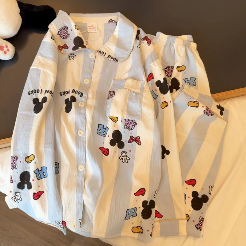 Disney Mickey autumn new cartoon cute blue striped printed pajamas female animation long-sleeved trousers loungewear set