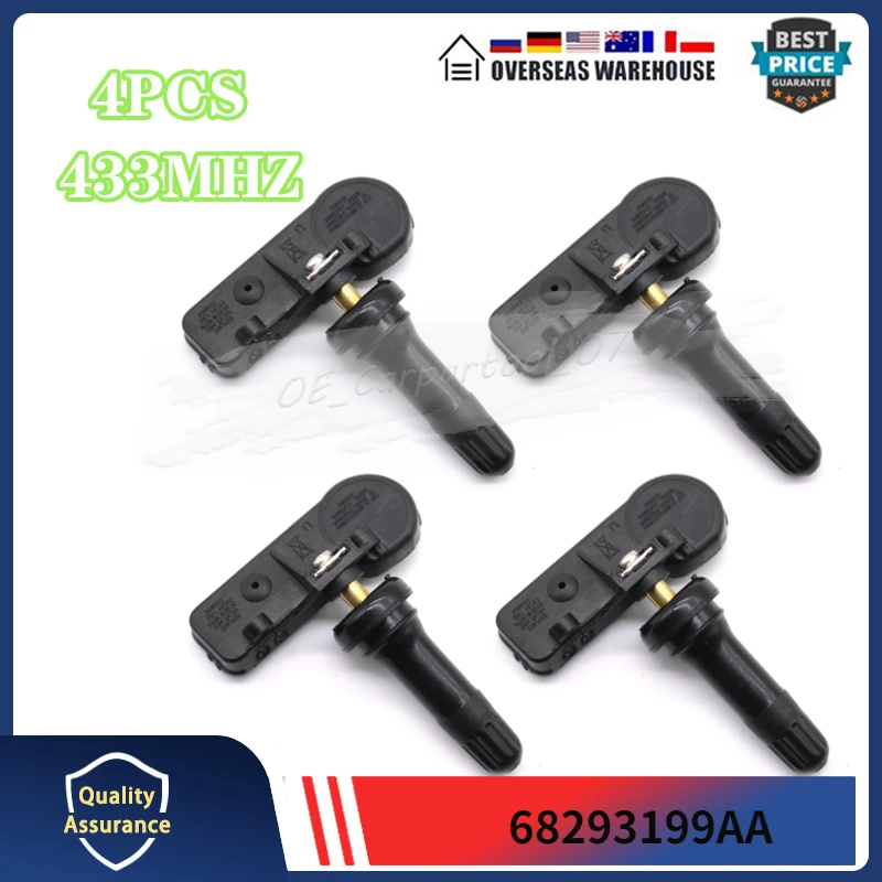 4Pcs Car Tire Pressure Monitor Sensors For 2018 2019 2020 2021 2022 2023 2024 Ram 1500 433MHz TPMS SENSOR 68293199AA 68293199AB