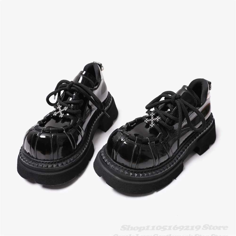 Men's 5cm Height Increase Lace Up Loafers Retro Round Toe Chunky Heel Derby Shoes Lace Up Black Leather Casual Single Shoes