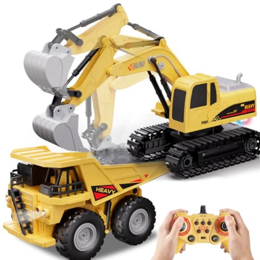 

RC Excavator and Dump Truck Toy Set for - 11 Channel Remote Control Construction Vehicle with Lights and Sounds Music 2.4Ghz Re