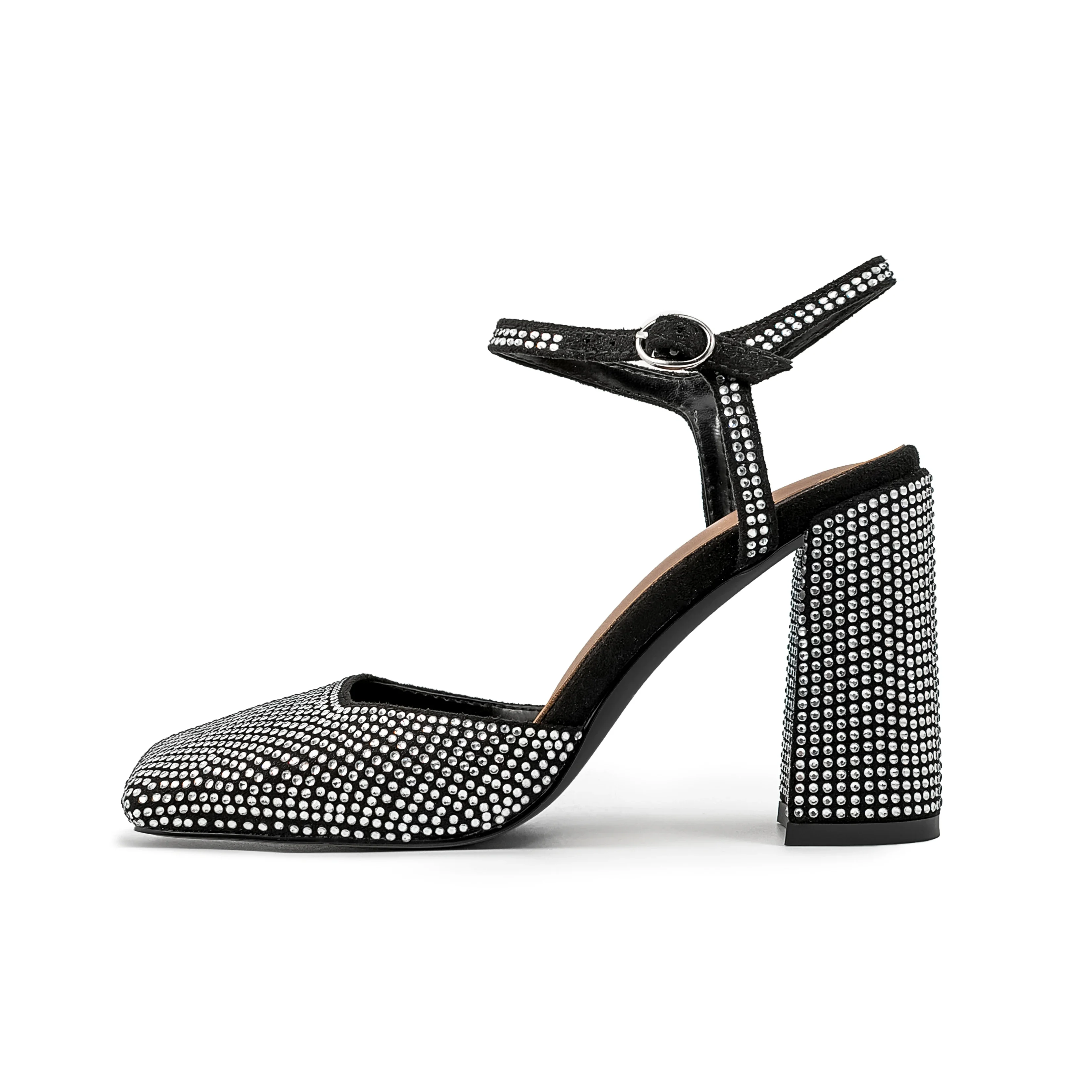 Arden Furtado 2024 Summer New Suede Square Toe Shallow Coarse Heel Belt Buckle Super High Heel Crystal Word-cingulate Sandals