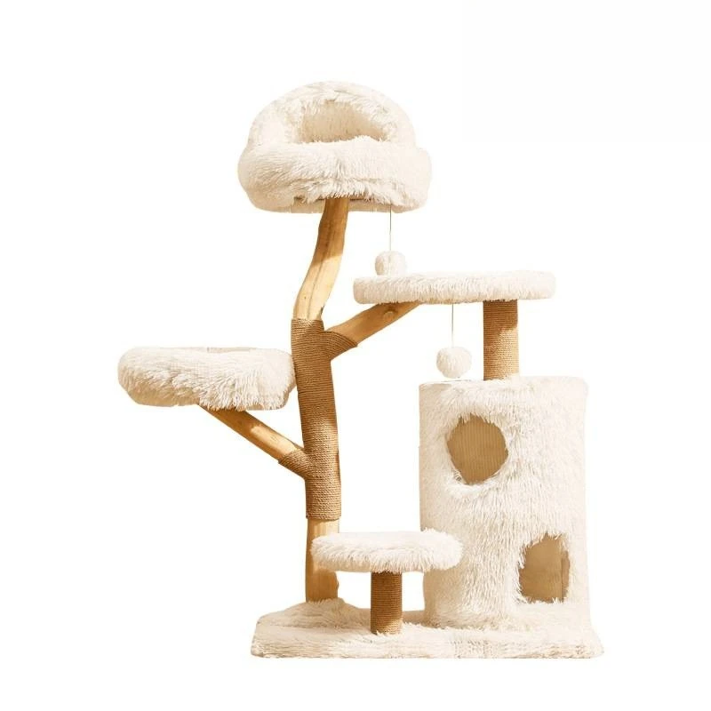 Rak panjat kucing dari kayu solid, hangat di musim dingin, rangka panjat kucing dari batang pohon kayu buah yang lucu