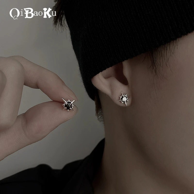 

A Pair of Trendy Men's Earrings North Star White / Black Crystal Punk Personalized Retro Accessories Daily Matching Earring