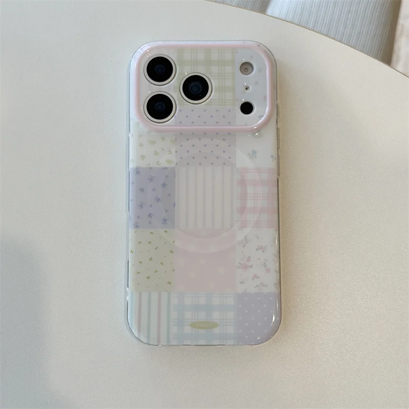 

Kawaii Pastel Patchwork Floral Magnetic Phone Case With Flower Pop Socket For iPhone 15 16 17 Pro Max INS Cute Shockproof Cover