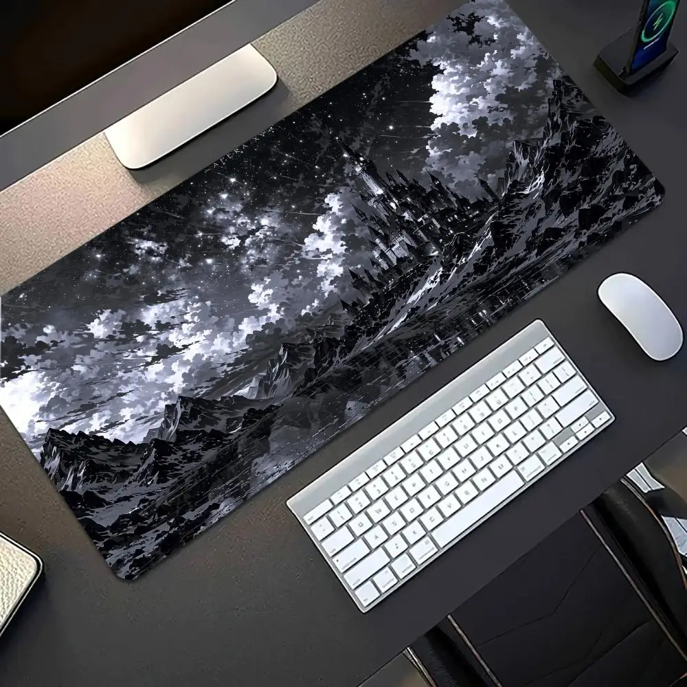 Black White Bare Tree Moonlight XXL Gaming Mouse Pad Non-slip Rubber Base Stitched Edges Desk Mat for Office Home Decor