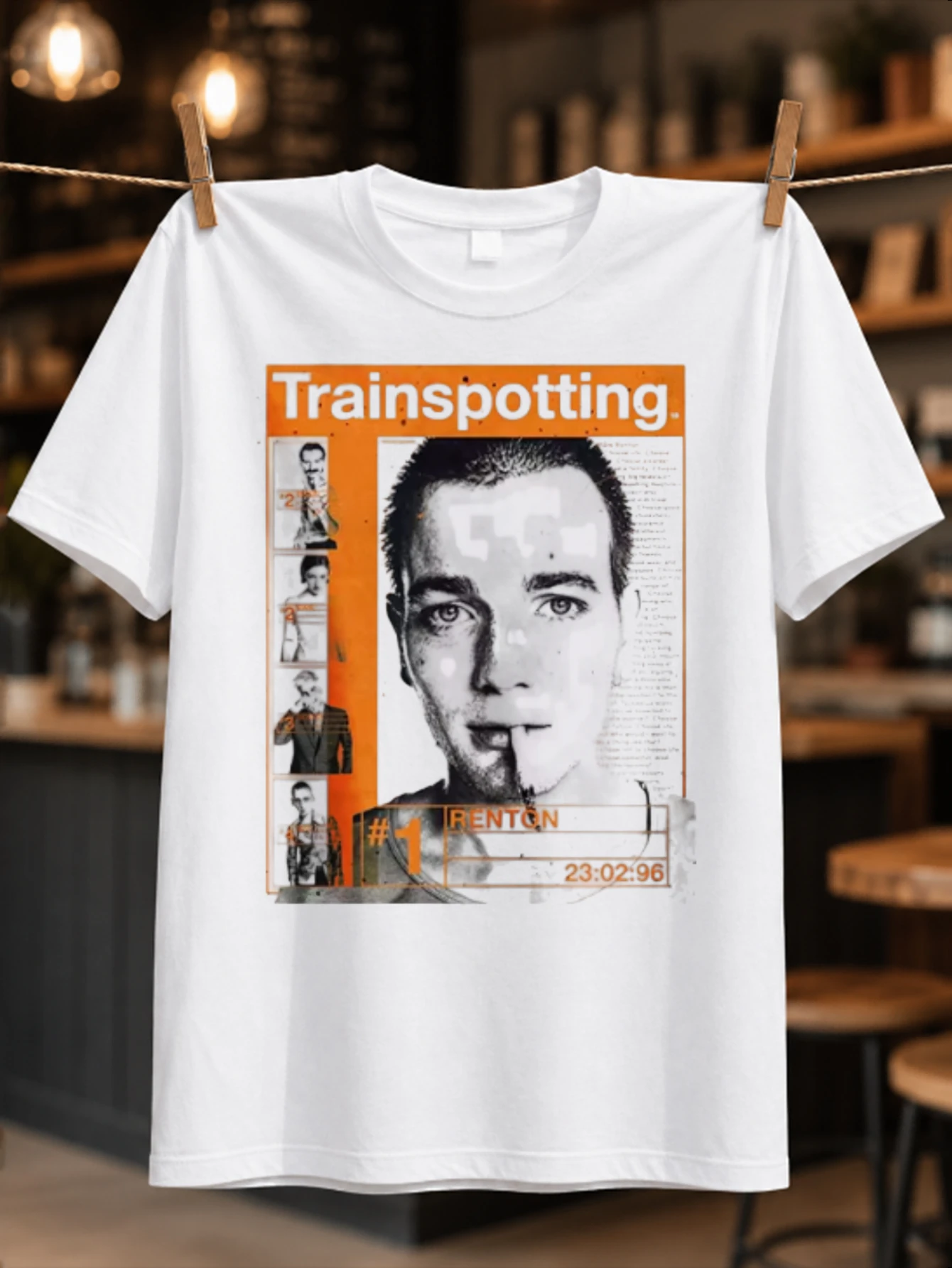 Trainspotting Renton portrait with orange title panel film still collage and dated archive style  Unisex All T-Shirt