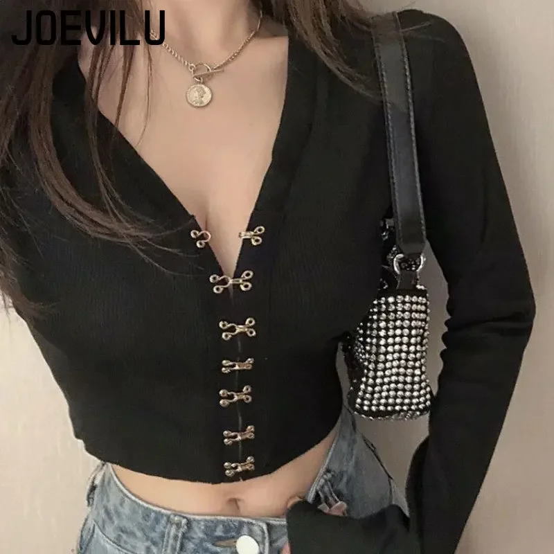 JOEVILU Chic Crop Tops Sexy V-neck Knitted Cardigan Spring and Autumn Long Sleeve T-shirt Women\'s Korean Y2k Top Gothic Clothes