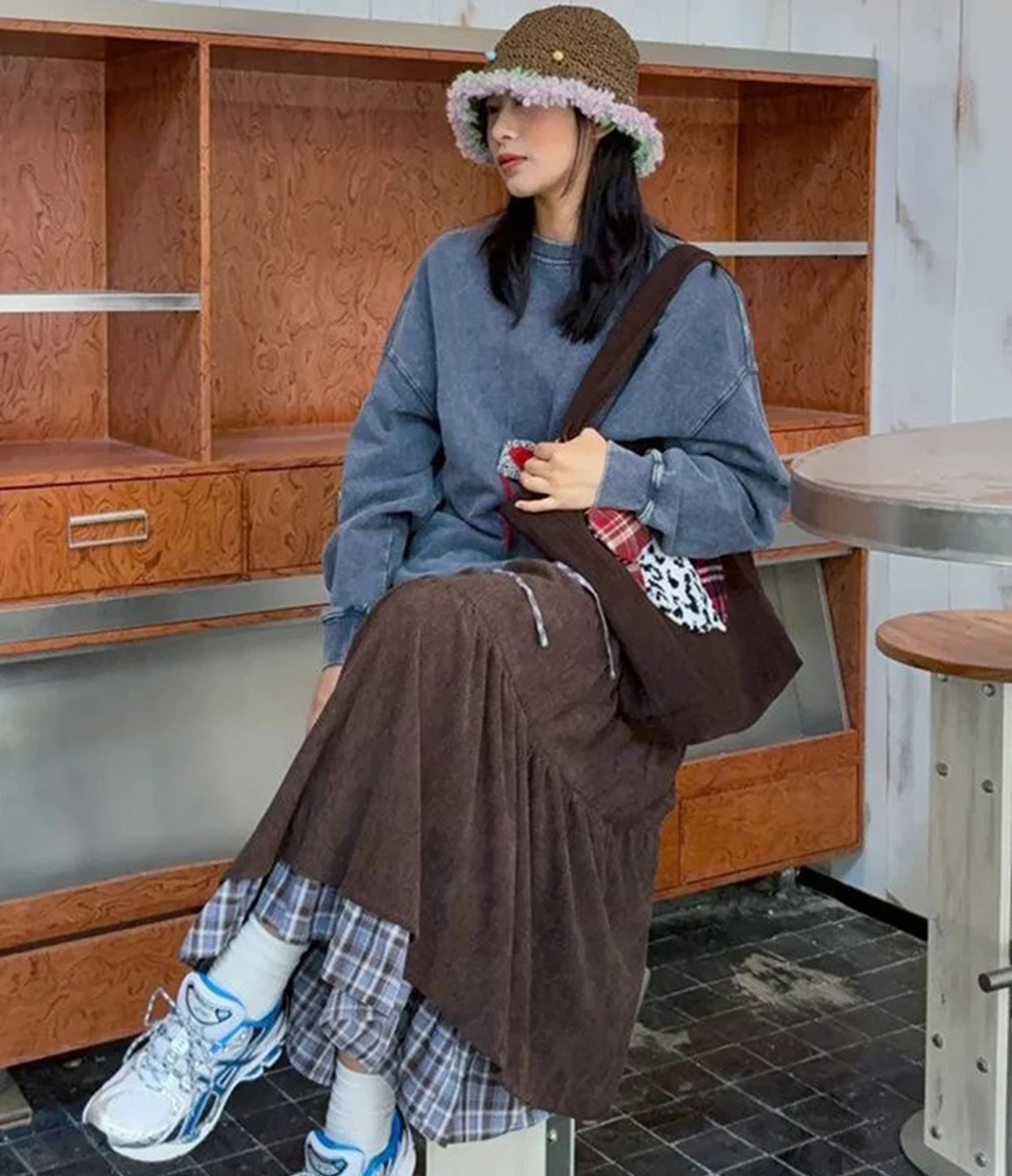 سروال قصير عتيق تنورة طويلة يابانية Preppy منقوشة المرقعة عالية الخصر النساء التنانير Harajuku ريترو فضفاض عادية الحلو كعكة Skir