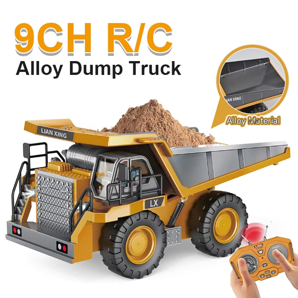 RC Dump Truck Excavator 9CH Metal Dump Bed Lights Electric Garbage Transport Truck Toy Engineering Vehicle for Kids