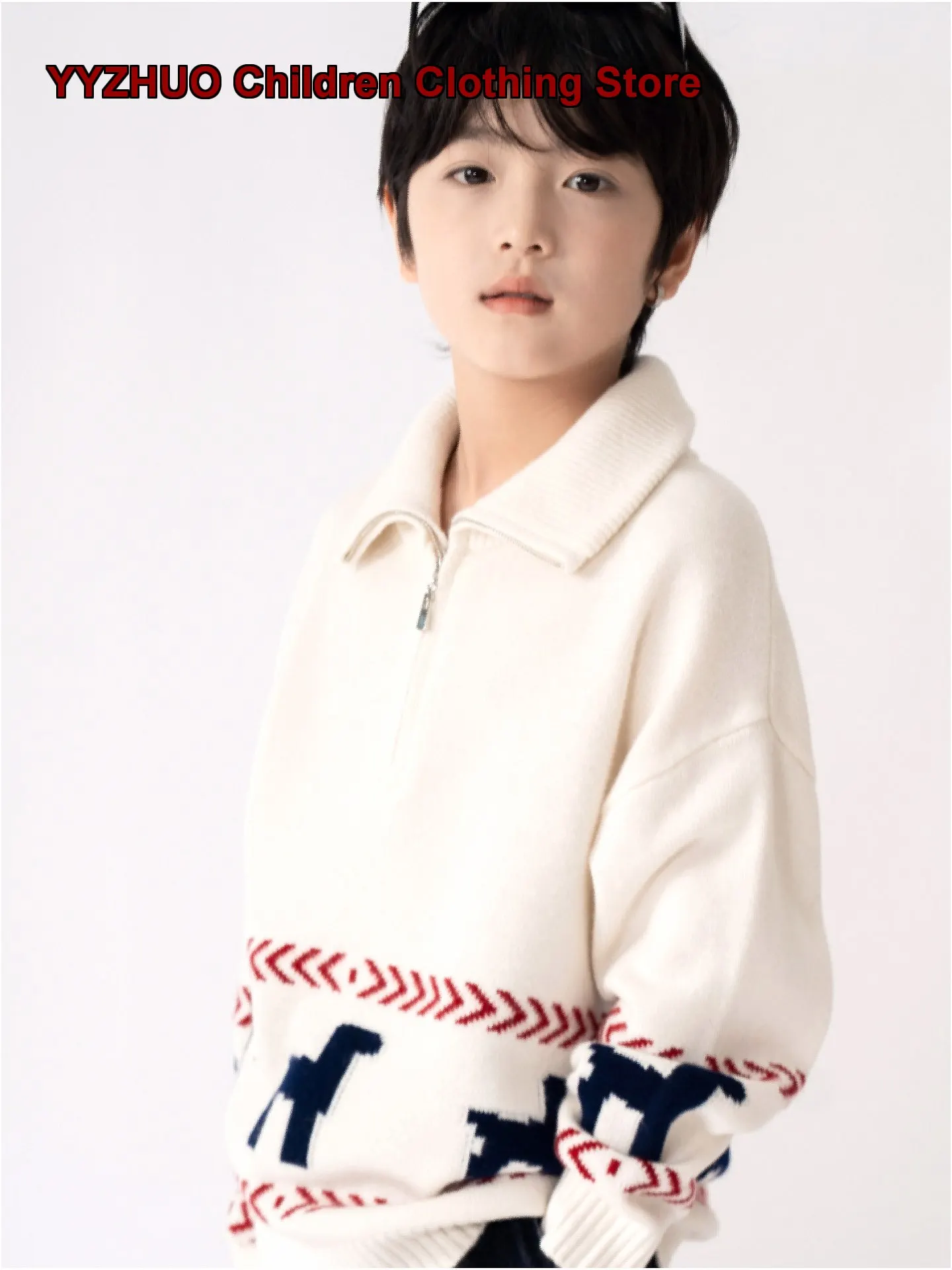 Boys Polo Collar Sweater Kids Autumn Winter Thickened Knit Top Solid Color