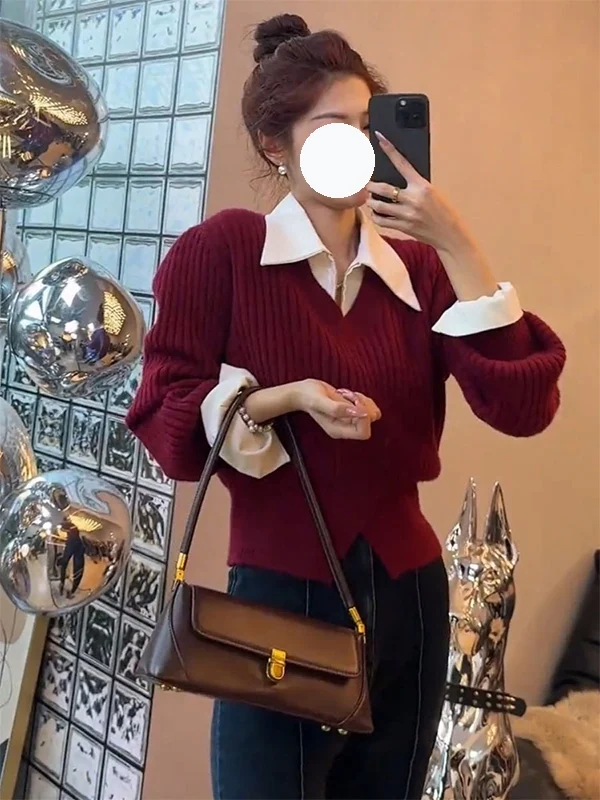 เสื้อสเวตเตอร์ถักไหมพรมสีพื้นแบบหลวมสไตล์เกาหลี คอวี แขนยาว แฟชั่นใหม่สำหรับผู้หญิง ฤดูใบไม้ร่วง 2025