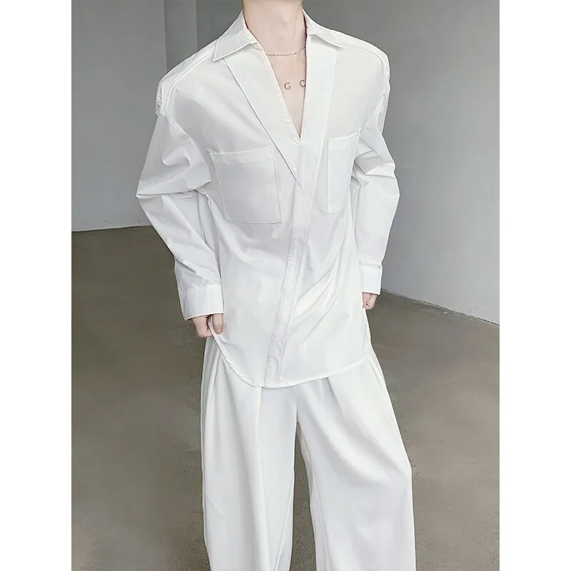 Korean Stylish V-neck Chic Button Blouses Front Pocket Harajuku Men\'s Solid Long Sleeve Turn-down Collar Shirt White/Black