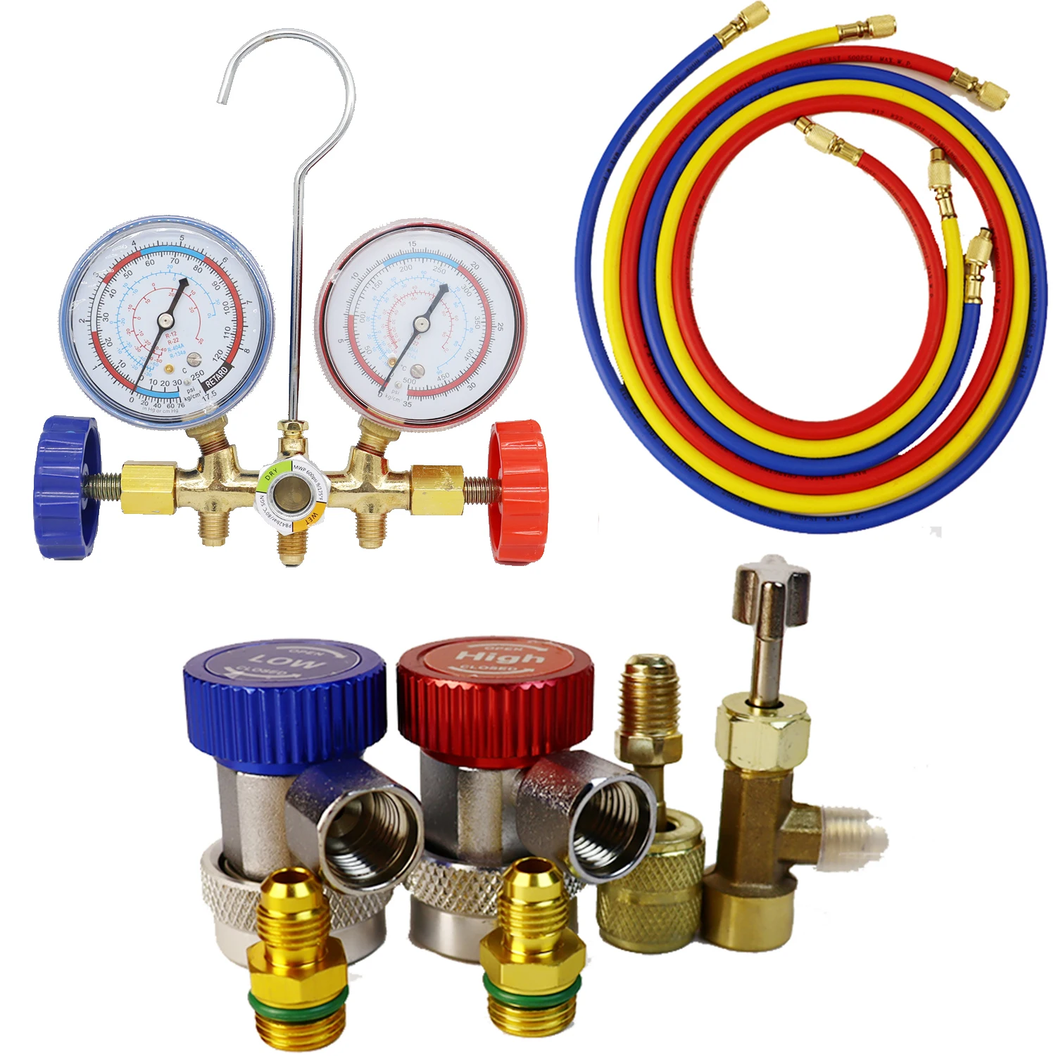 

3-way AC manifold instrument cluster, R12 R22 R404A R134A refrigerant HVAC diagnostic charging tool, adjustable quick coupling