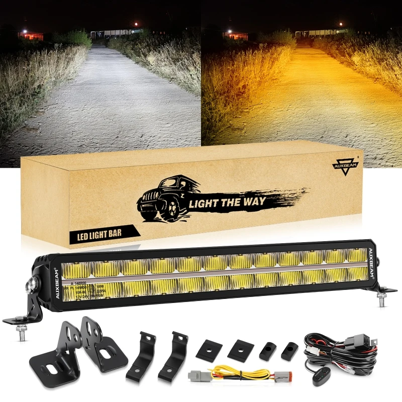 12/22 Inch LED Light Bar with White&Amber DRL 1/2 Row Driving Work Lamp with Side&Bottom Bracket DT Plug Adapter Wiring Harness