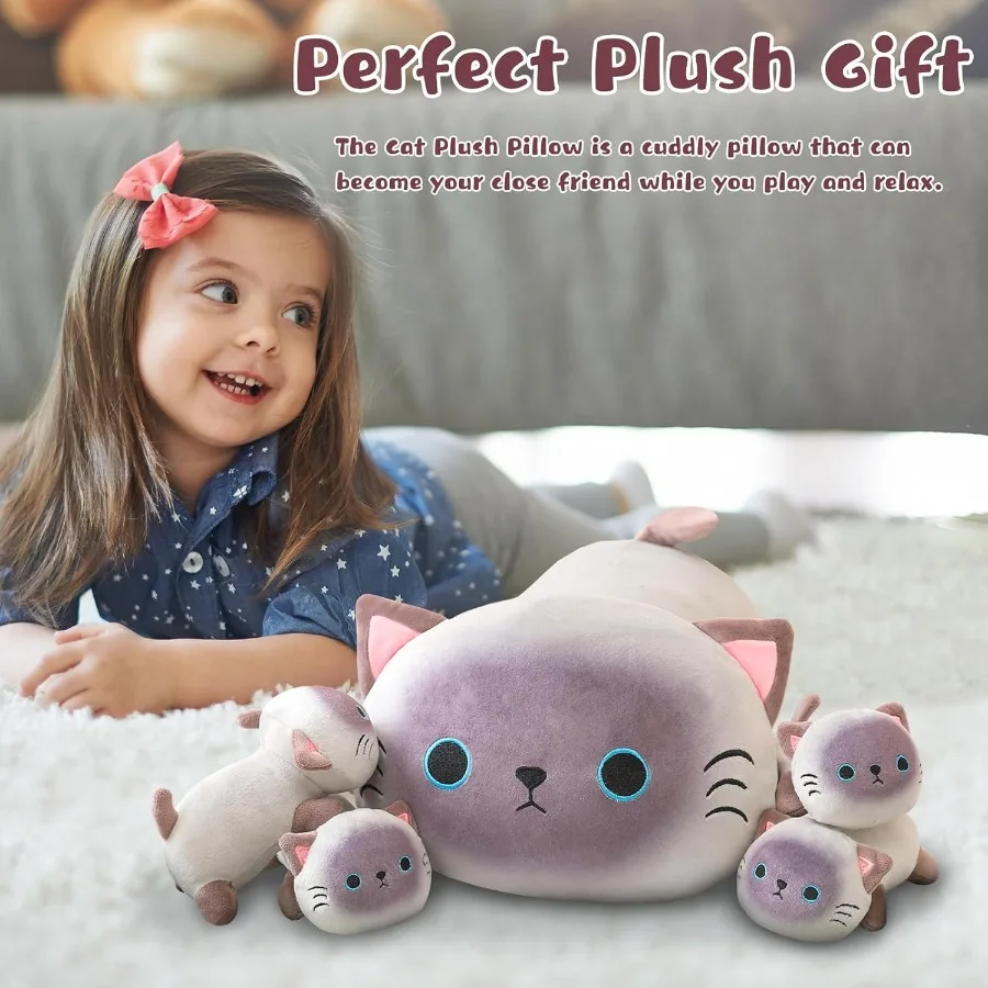 Siamese Cat Plush Stuffed Animal Pillow with 4 Baby Plushies in Tummy Soft Cotton Toy for Cute Gift