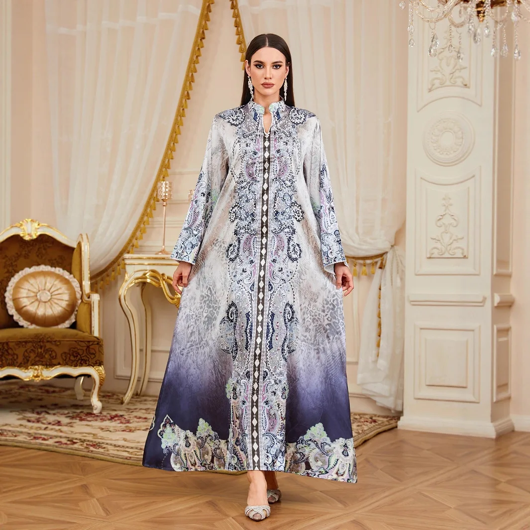 

Мусульманское длинное платье Абая с украшением из жемчуга с принтом, легкое роскошное женское мусульманское платье Рамадан Дубай Роскошный исламский элегантный