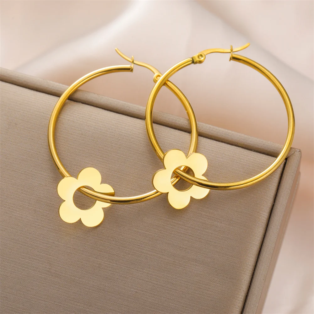 My Shape 40mm Round Big Hoop Earrings for Women Gifts Flowers Stars Heart Maple Leaves Earrings Stainless Steel Fashion Jewelry