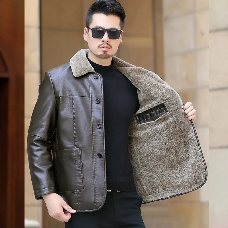 Chaqueta de cuero Natural para hombre, abrigo de piel de oveja, ropa de abrigo de invierno de felpa de cuero y piel, chaqueta de cuero genuino para hombre, ropa para hombre