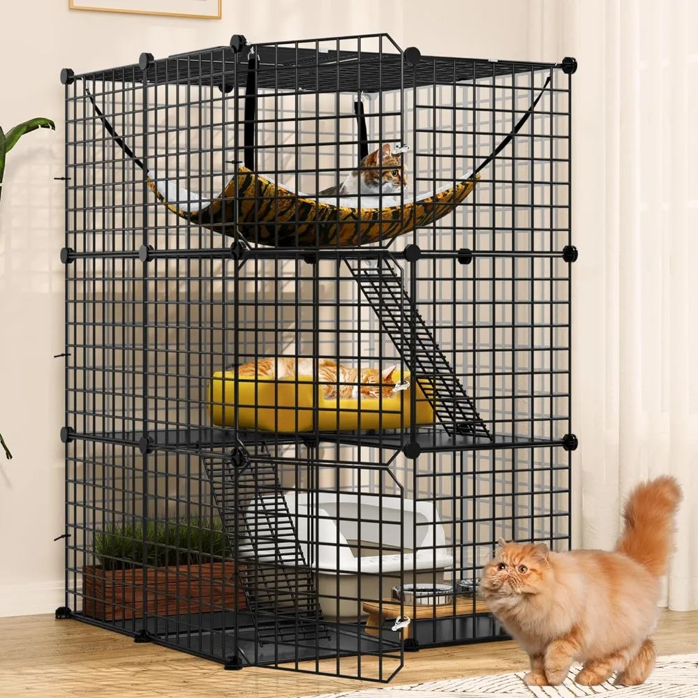 YITAHOME Cat Cage Indoor Catio DIY Cat Enclosures Metal Cat Playpen 3-Tiers Kennels Pet Crate with Extra Large Hammock for 1-2 C