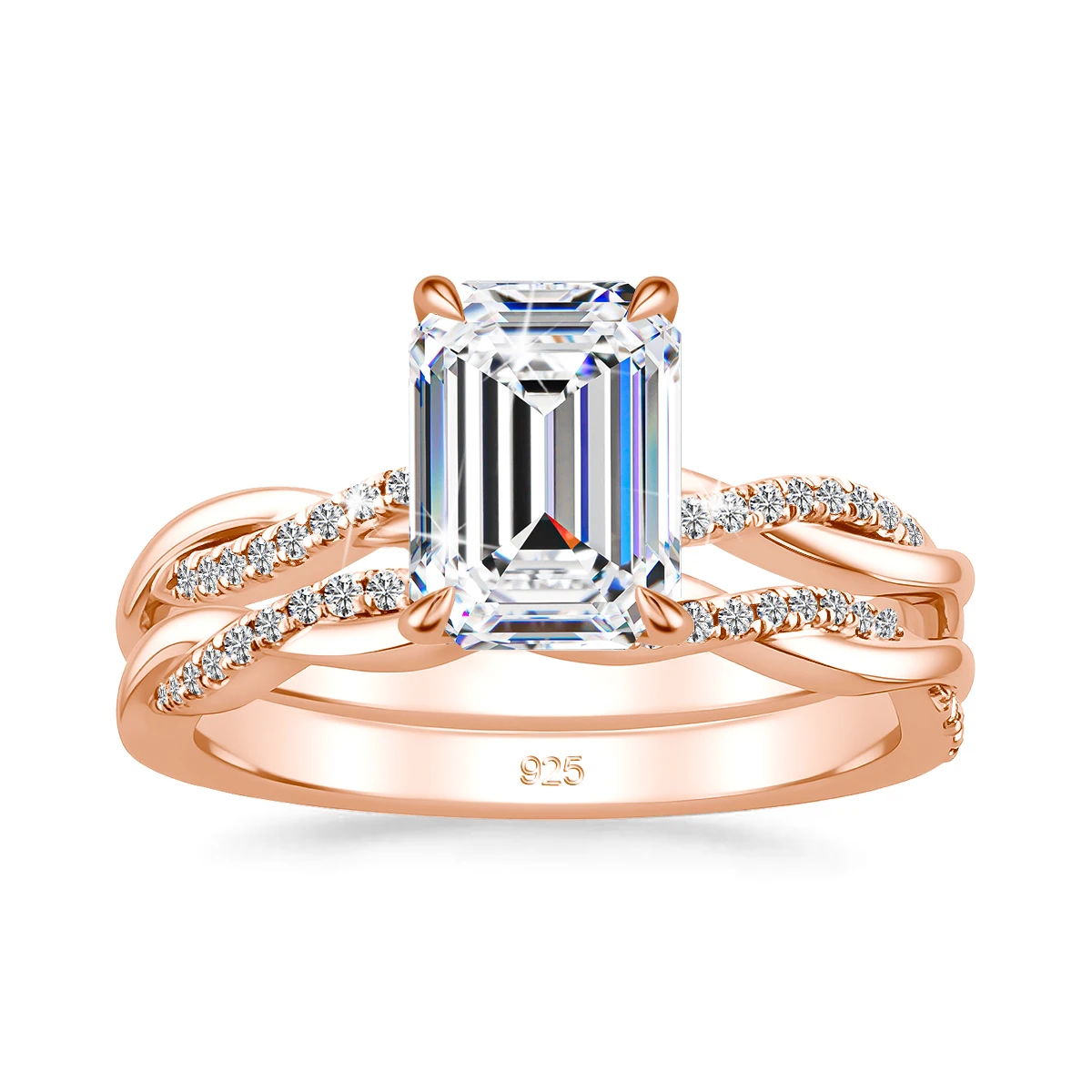 3ct Smaragdschliff D-Farbe Moissanit Halo Brautring-Set Ehering 925 Silberringe für Damen Feiner Schmuck – Detail 8