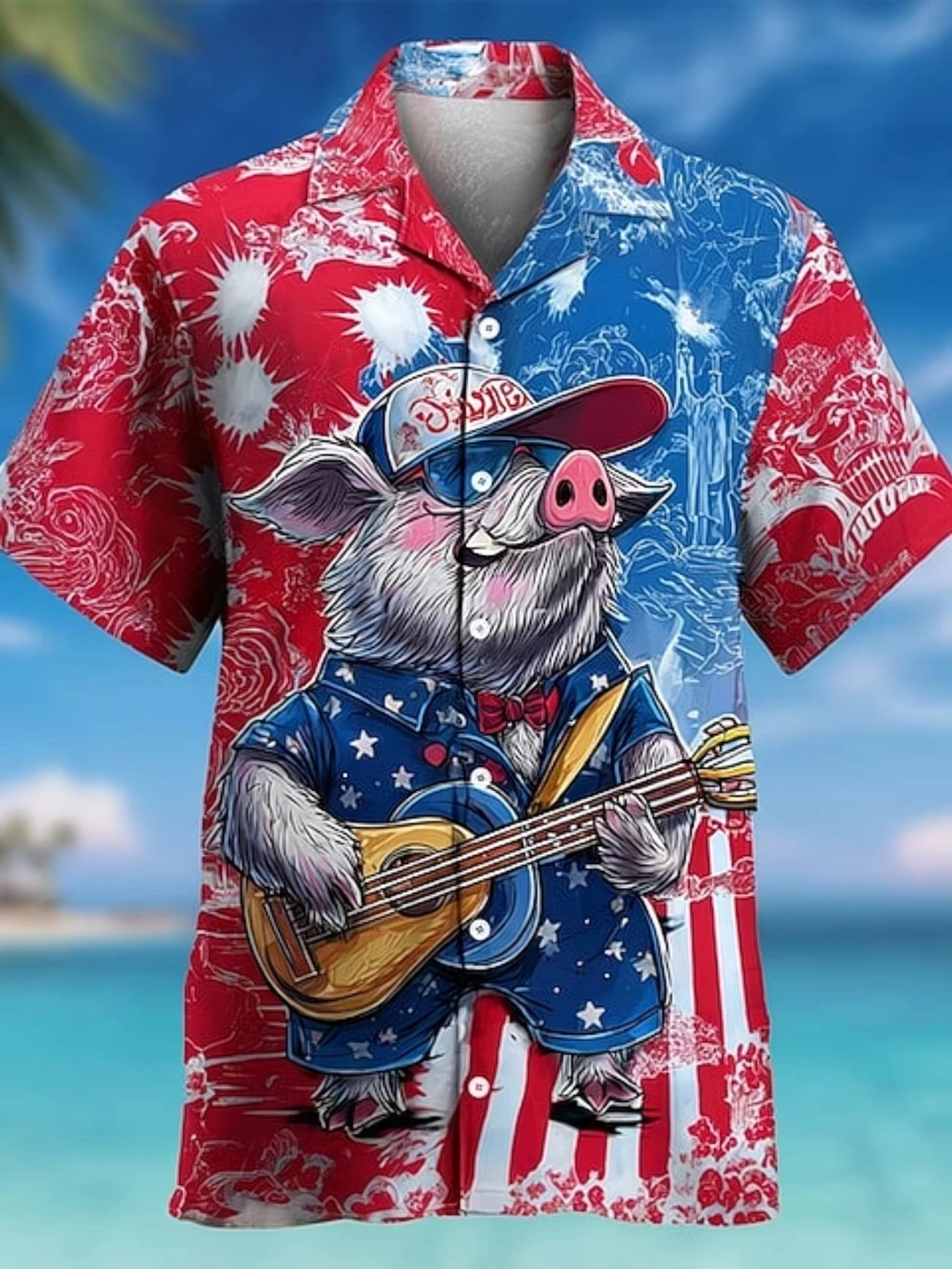 

2026 Summer Mens 1776-2026 250th US Independence Anniversary Patriotic Print Short Sleeve Button Down Hawaiian Shirt