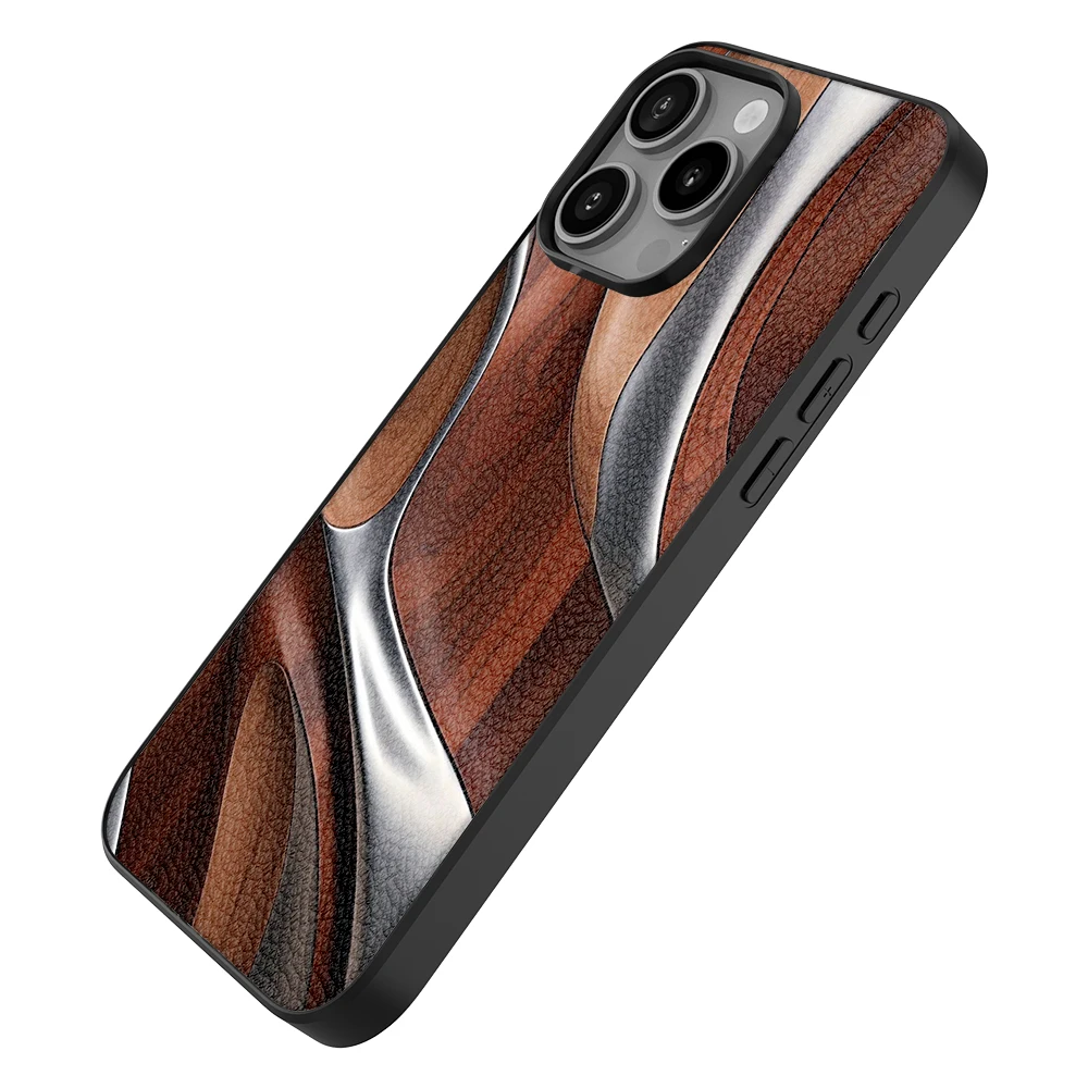 Leather Back Cover Case for iPhone 6 6S Plus 7 8P SE2 X XS MAX XR 11 Pro 12 13 mini 14 Plus 15 Pro Max with Wood Metal Texture