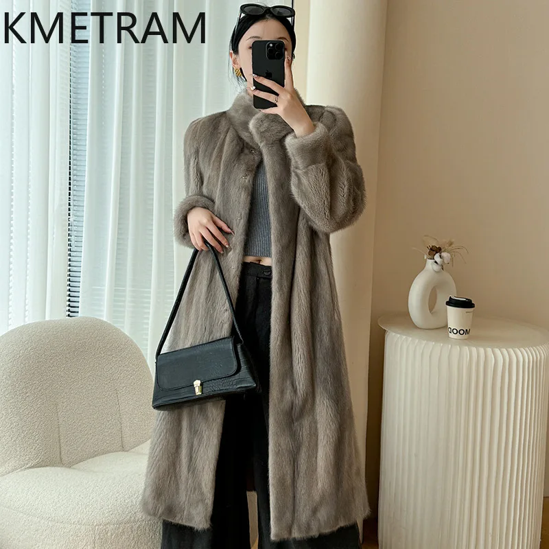 진짜 밍크 모피 코트 여성 고급 회색 롱 퍼 재킷 고품질 겨울 여성 의류 스탠드 칼라 퍼 재킷 2025 푸루르