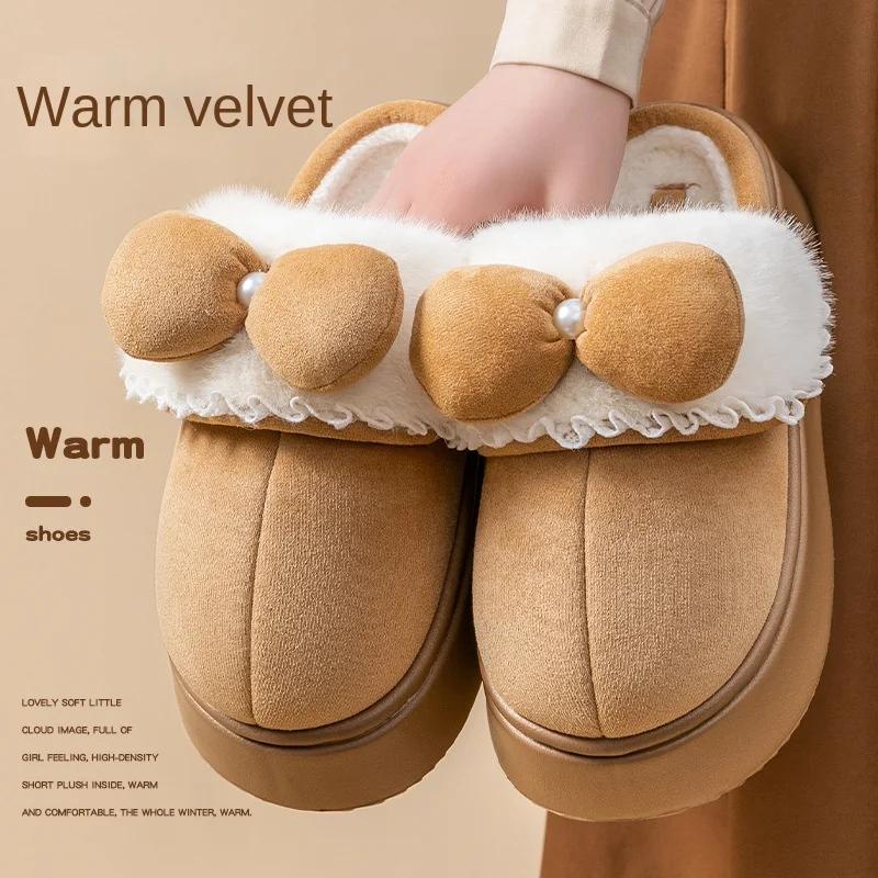 

Bow Thick-bottomed Cotton Slippers Women's Winter 2024 New Non-slip Indoor Home Plush Warm Couple Cotton Shoes Drag Men