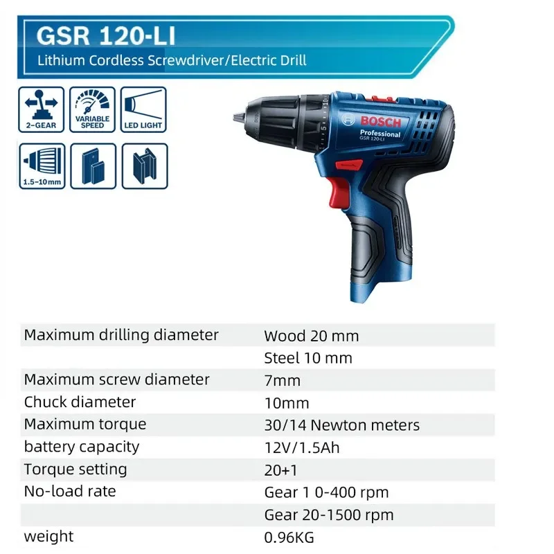 Bosch GSR 120-Li Electric Drill Cordless Driver Wireless drill Screwdriver Mini Drills 12V Lithium Battery Rechargeable Tools