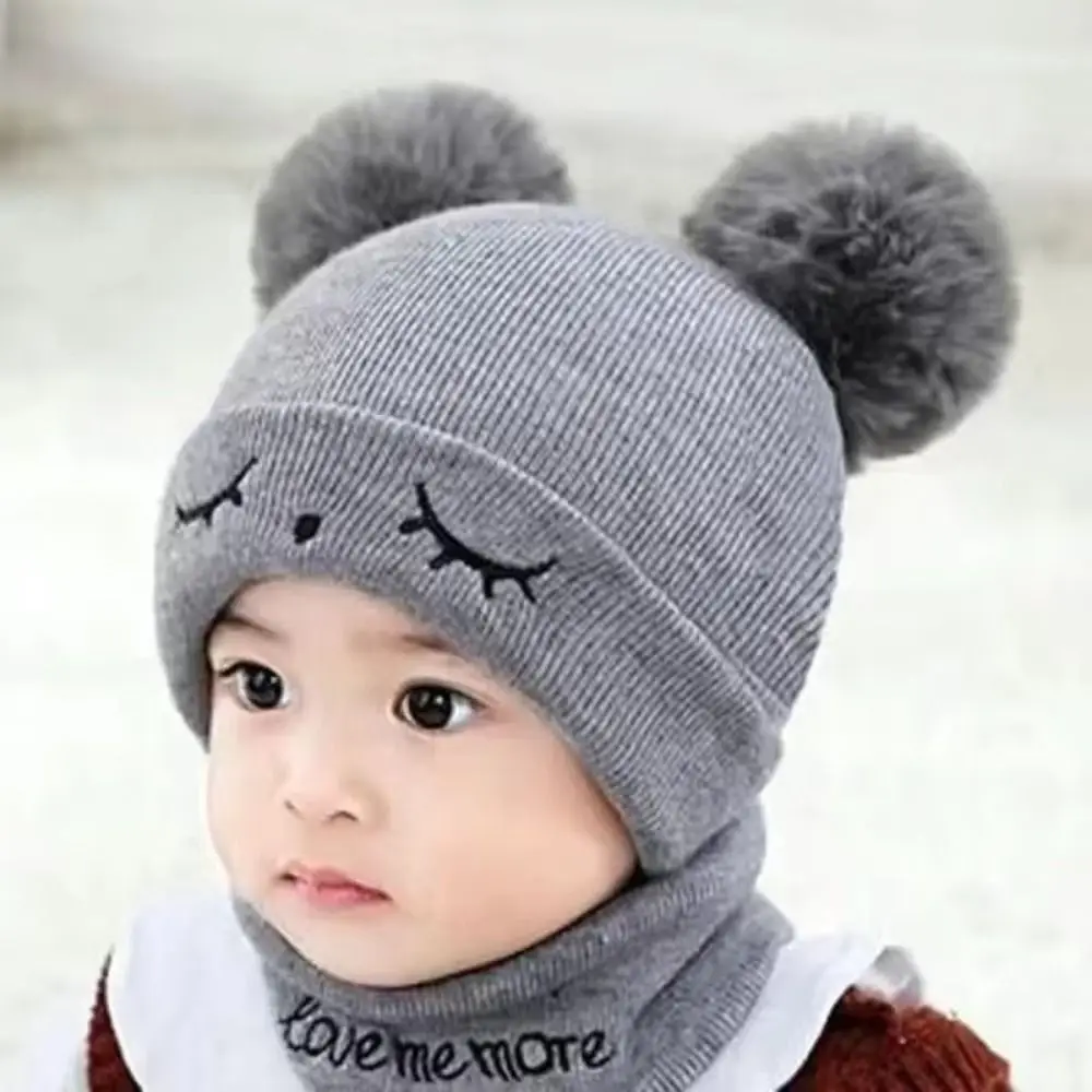 Flexible Cotton Wool Knitted Bonnet Solid Color Beanie Hat 2-piece Set Pompom Warm Beanie Cap
