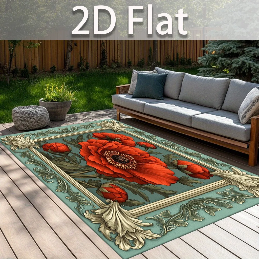 French Botanical Rug Red Poppy Flower Printed Home Carpet Soft Non-Slip Flannel Floor Mat Baroque Relief Decor