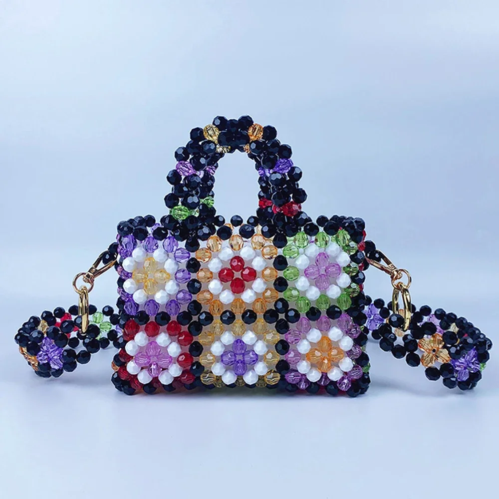 

Handmade Color Beaded Women Handbag Hollow Woven Beading Bags for Women Shoulder Bag NEW Wide Strap Crossbody Bag Evening Clutch