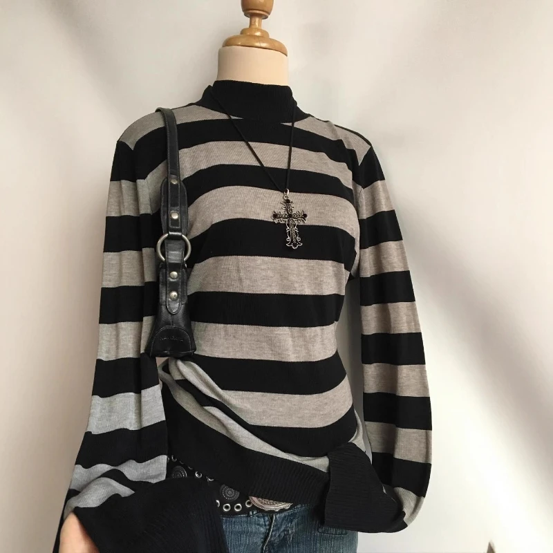 

Korean striped European and American thin long sleeved versatile women's knitted sweater with high neck and loose fit