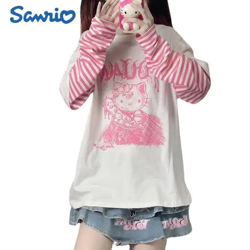 

Sanrio Long Sleeved T Shirt Hello Kitty Kawaii Y2k Girl Heart Fake Two Piece Long Sleeved Sweet Cool Costume Besties Girl Gifts